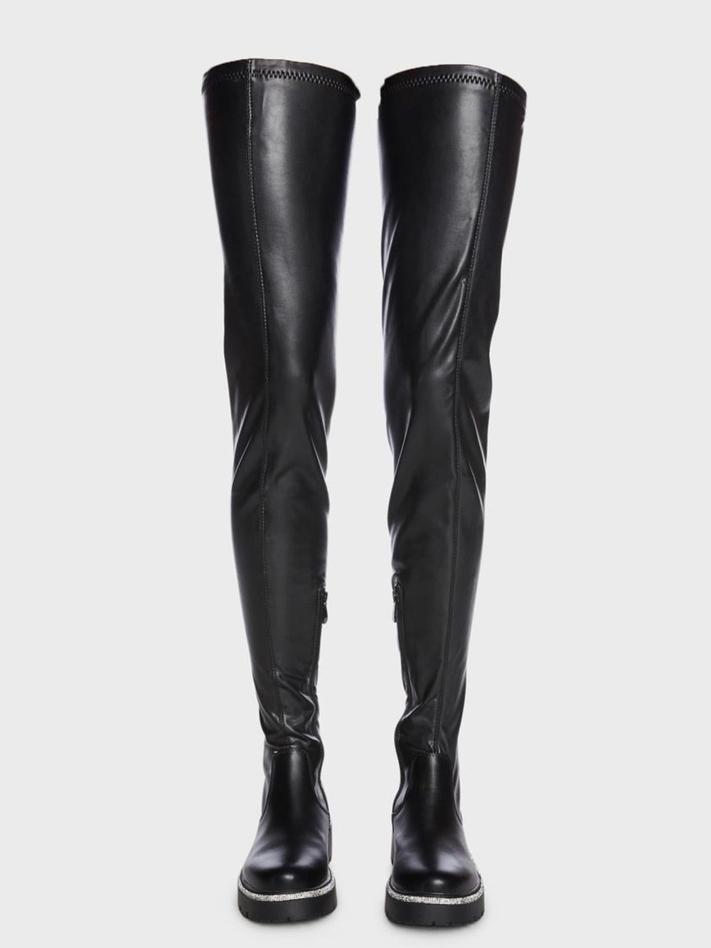AZALEA WANG NEW RULES THIGH HIGH BOOTS Over-the-Knee Black Leather Lug-Sole Boot